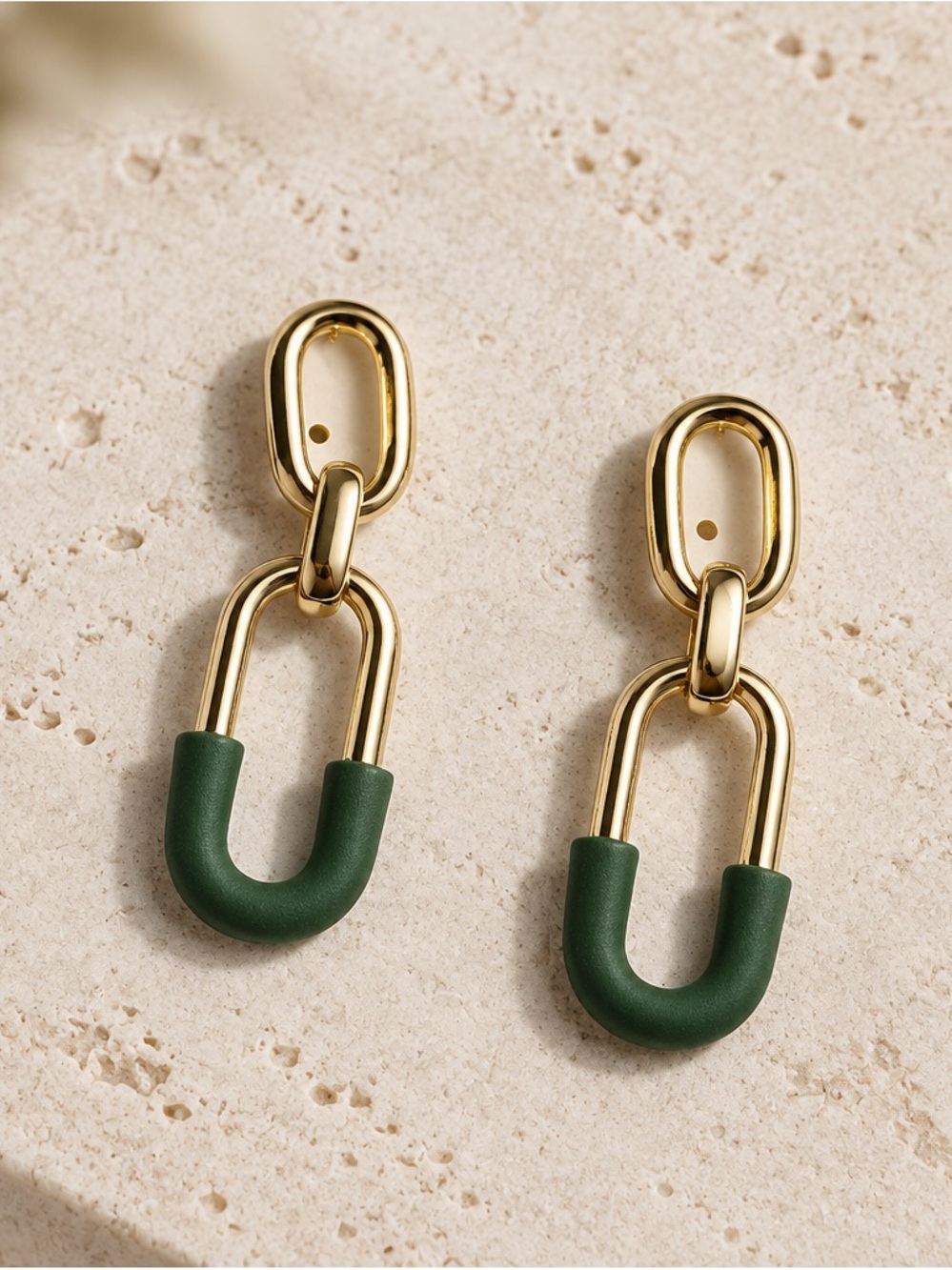 Fashion Jewelry Gold and Green Matte Link Drop Earrings - Women Jewelry